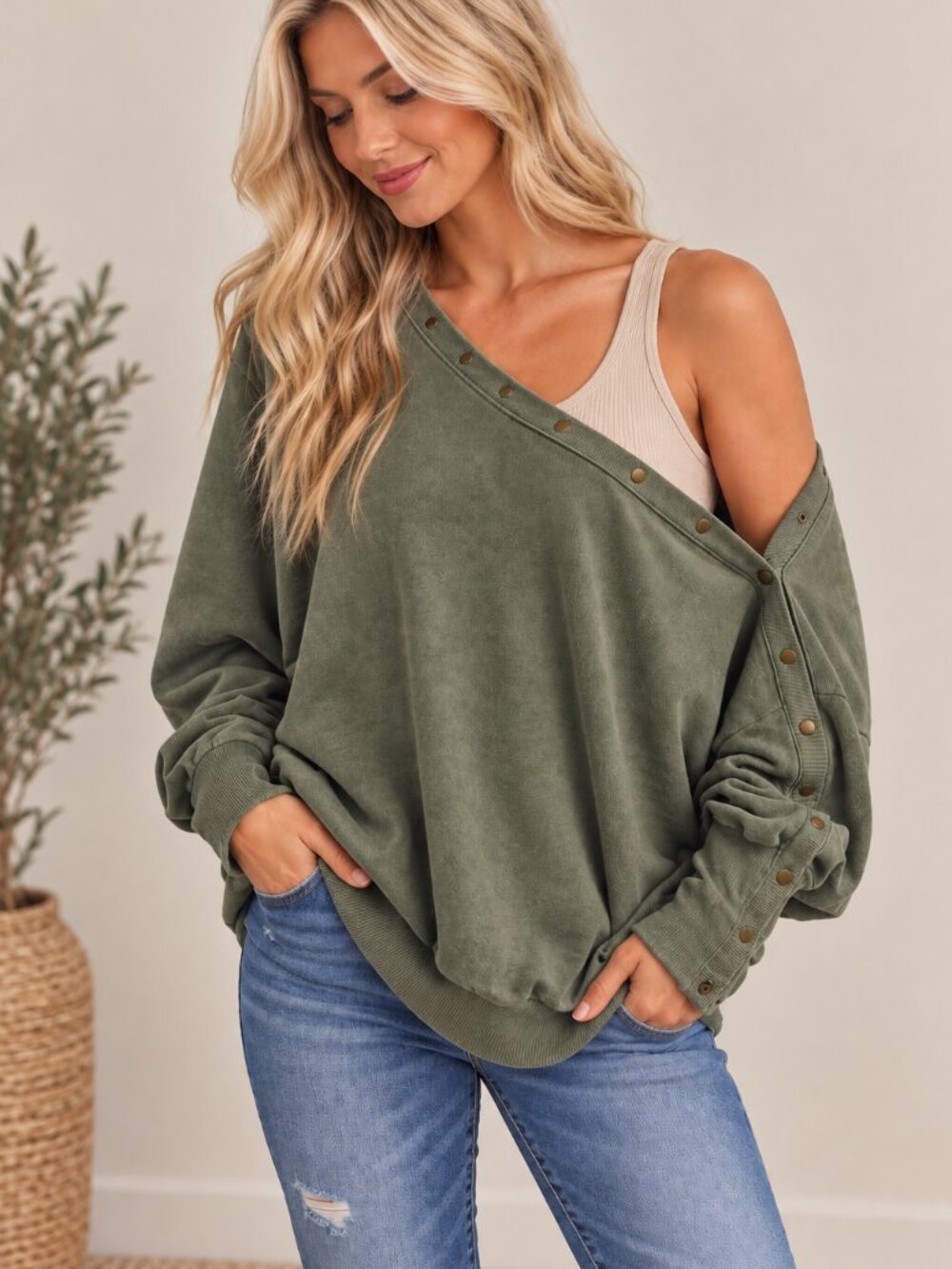 709. Women's Olive Green Snap Button Off-the-shoulder Sweatshirt - Picture 1 of 1